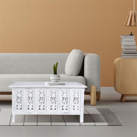Beautiful Carved Indian Wooden Coffee Table Side Tables 91x46cm [White]