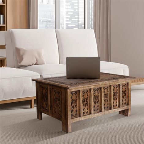 Beautiful Carved Indian Wooden Coffee Table Side Tables 91x46cm [Light Brown]