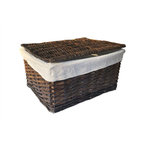 Lidded Wicker Storage Basket With Lining Xmas Hamper Basket [Medium 35x24x15 cm,Oak]