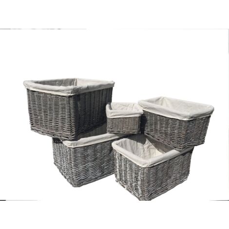 Small Wicker Willow Storage Basket With Cloth Lining [Grey Medium: 28x20x21cm]