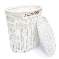 Oval Wicker Laundry Basket With Lid & Removable Cotton Lining [White with White cloth,Medium 32x42x49 cm]