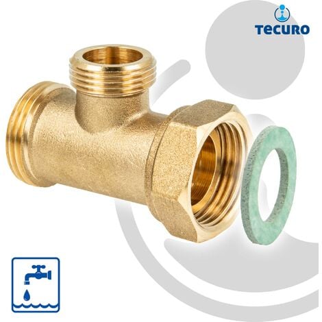 tecuro T-Stück, 1 Zoll AG x 3/4 Zoll AG x Überwurfmutter 1 Zoll (flachdichtend) - MS-blank CW617N