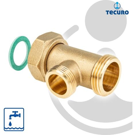 tecuro T-Stück, 1 Zoll AG x 3/4 Zoll AG x Überwurfmutter 1 Zoll (flachdichtend) - MS-blank CW617N