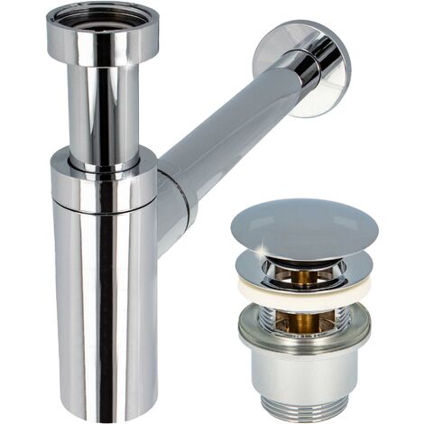 tecuro Siphon extra lang mit Pop Up Ablaufventil verchromt - Universal Set für Waschtisch / Waschbecken