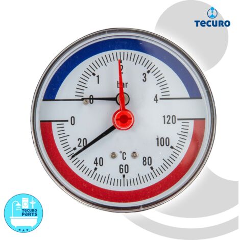 tecuro Ø 80 mm Bi-Metall Thermometer 0 - 120°C Manometer 0-4 bar, 1/2 Zoll, axial, mit Montageventil