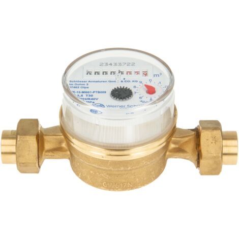 Einstrahlzähler ETK Kombi-Set (Kaltwasser) bis 30 Grad Länge 110 mm, inkl. Verschraubungen mit 15 mm Lötmuffe