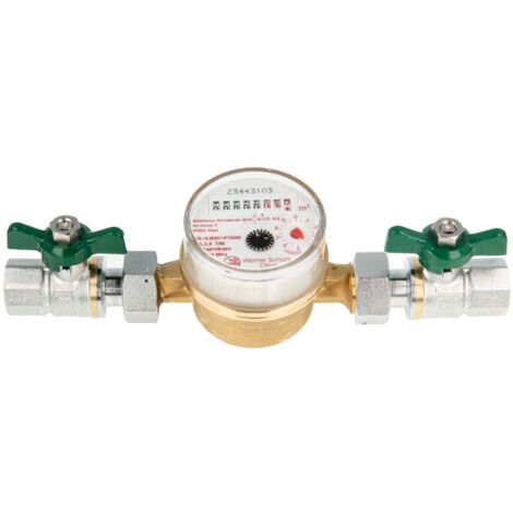 Einstrahlzähler ETK Kombi-Set (Warmwasser) bis 90 Grad Länge 110 mm, inkl. Kugelhähne grün 1/2 Zoll