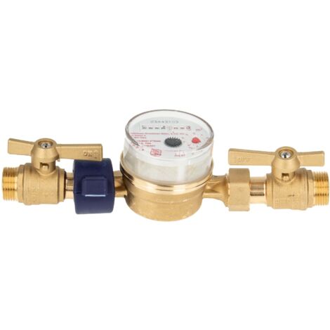 Einstrahlzähler ETK Kombi-Set (Warmwasser) bis 90 Grad Länge 110 mm, inkl. Kugelhähne MS blank 1/2 Zoll AG, Plombierschelle