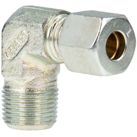 Schneidringverschraubung Typ WERK - 90° Winkel - Verschraubung Ø 8 mm x R 1/2 Zoll AG, Stahl verzinkt, Schneidring Messing