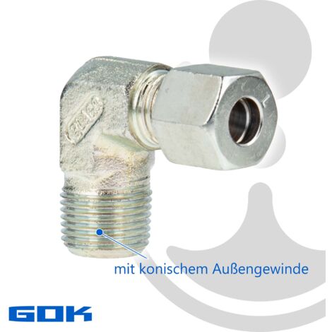 Schneidringverschraubung Typ WERK - 90° Winkel - Verschraubung Ø 8 mm x R 1/2 Zoll AG, Stahl verzinkt, Schneidring Stahl
