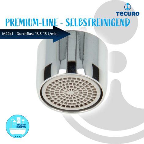 tecuro Selbstreinigende PREMIUM Strahlregler Luftsprudler M22x1 IG, Durchflussklasse A: 13,5 - 15,0 l/min, verchromt