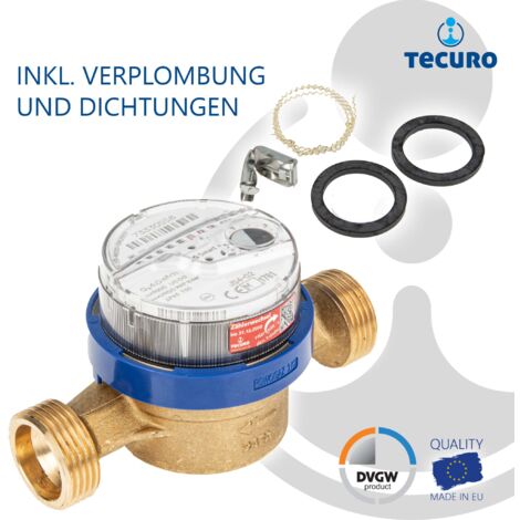 tecuro Kalt - Wasserzähler mit Baulänge 130 mm, Q³ 4,0 m³/h, DN20, 1 Zoll Außengewinde, bis 30°C, DVGW, WRAS, 6 Jahre Eichlaufzeit