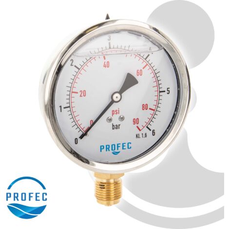 Profec Manometer 0 - 6 bar, Glyzeringefüllt, Ø 100 mm, 1/2 Zoll ...