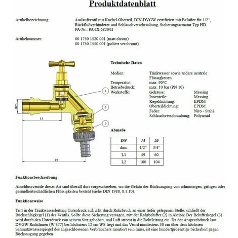 JS DVGW-Auslaufventil 1/2 Zoll mit Knebeloberteil, RV und Rohrbelüfter, poliert verchromt