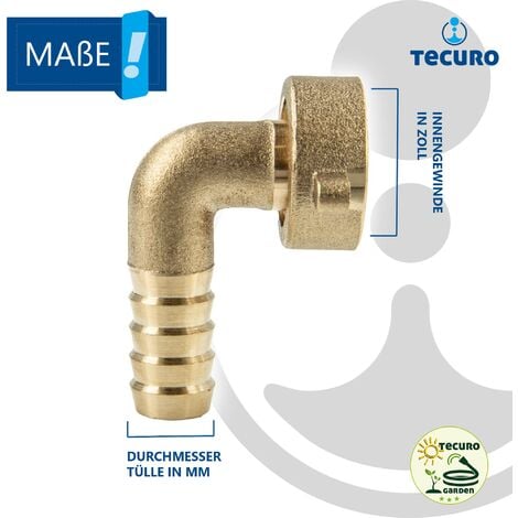 tecuro Schlauchverschraubung mit 1/2 Zoll ÜWM x 90° Tülle Ø 14,5 mm, Messing blank