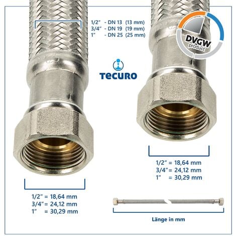 Flexschlauch Panzerschlauch DN 25 - 1 Zoll ÜWM x 1 Zoll ÜWM x 1500 mm, DVGW W270, KTW-A