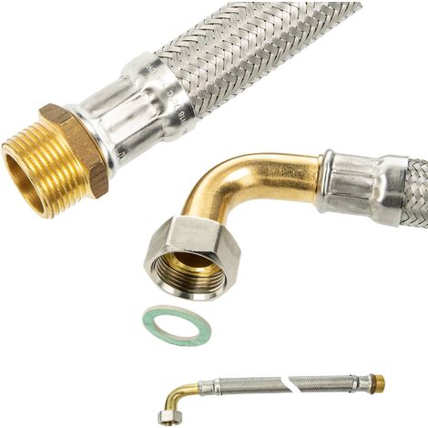 tecuro Flexschlauch Panzerschlauch DN 19 - 3/4 ÜWM-Bogen 90° x 3/4 AG x 500 mm, DVGW, KTW-A