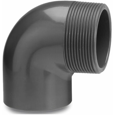 Mega Winkel 90° PVC-U 63 mm x 2 Zoll Klebemuffe x Außengewinde 10 bar, grau