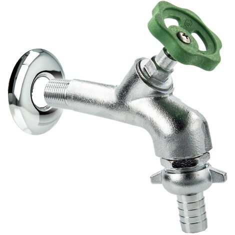 tecuro Auslaufventil 1/2 Zoll, Handrad-Oberteil, Schlauchtülle, Wandrosette, Dichtband - Messing mattverchromt