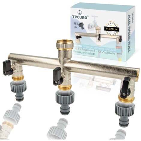 tecuro 3-Wege Verteiler 3/4 Zoll mit 3 x Kugelventil und Steckkupplungen, MS-vernickelt