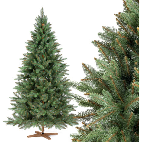 Fairytrees Künstlicher Weihnachtsbaum Nordmanntanne Premium, mit braunem Stamm und Echtholz Baumständer