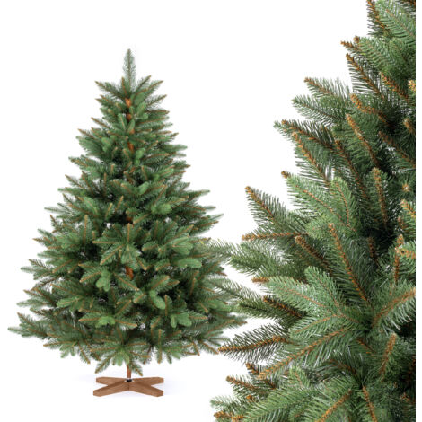 Fairytrees Künstlicher Weihnachtsbaum Nordmanntanne Premium, mit braunem Stamm und Echtholz Baumständer
