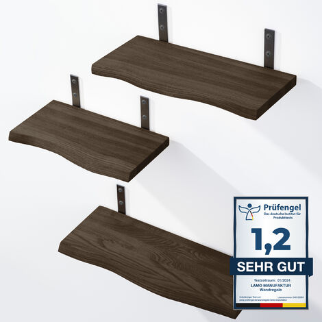 LAMO Manufaktur 3 Stück Wandregal Holz 42/36/30cm Schweberegal Massiv 100% Echtholz Hängeregal für Wohnzimmer, Schlafzimmer, Küche, Büro, Badezimmer Wandregale SET 1 Baumkante Farbe: Schwarz (1/5)