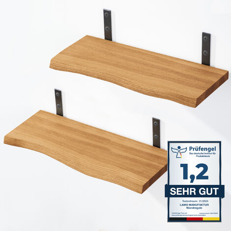 LAMO Manufaktur 2 Stück Wandregal Holz 2x 42cm Schweberegal Massiv 100% Echtholz Hängeregal für Wohnzimmer, Schlafzimmer, Küche, Badezimmer Wandregale SET 2 Baumkante Regal Farbe: Rustikal (1/5)