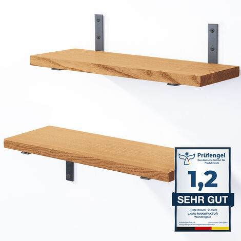 LAMO Manufaktur 2 Stück Wandregal Holz 2x 42cm Schweberegal Massiv 100% Echtholz Hängeregal für Wohnzimmer, Schlafzimmer, Küche, Büro, Badezimmer Wandregale SET 4 Gerade Farbe: Rustikal (1/5)