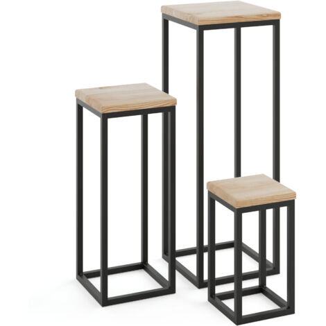 LAMO Manufaktur SET 30cm/50cm/70 cm Pflanzenständer Blumenständer Blumenhocker Gestell: Schwarz 100% Echtholz Massiv Platte Farbe: Natur