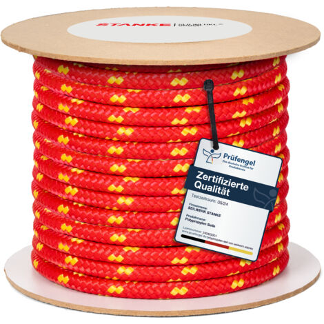 Seilwerk STANKE Polypropylenseil 18mm 10m Rot mit gelben Akzenten - Wäscheleine für Garten, Camping, Balkon - Dicke Schnur für Transport, Bauwesen, Segelzubehör - PP Seil