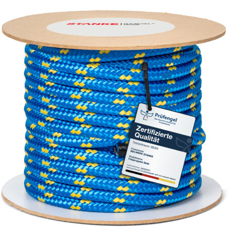 Seilwerk STANKE Polypropylenseil 16mm 5m Blau mit gelben Akzenten - Wäscheleine für Balkon, Camping, Garten - Zeltschnur, Schwimmseil für Angeln, Wassersportarten