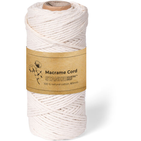STANKE Makramee Garn 3mm 100 m Farbe Natur - Baumwollgarn für Boho-DIY, Körbchen, Traumfänger - Baumwollkordel für Girlanden, Untersetzer, Taschen - 100% Baumwolle, gedreht, weich, große Rolle