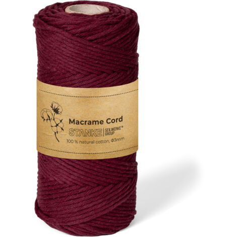 STANKE Makramee Garn 3mm 100 m Farbe Burgund - Baumwollgarn für Boho-DIY, Körbchen, Traumfänger - Baumwollkordel für Girlanden, Untersetzer, Taschen - 100% Baumwolle, gedreht, weich, große Rolle