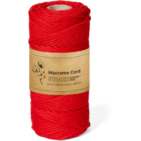 STANKE Makramee Garn 3mm 100 m Farbe Rot - Baumwollgarn für Boho-DIY, Körbchen, Traumfänger - Baumwollkordel für Girlanden, Untersetzer, Taschen - 100% Baumwolle, gedreht, weich, große Rolle (1/5)