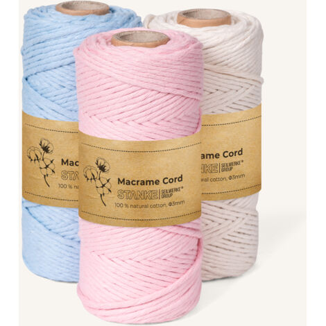 STANKE Makramee Garn 3mm Set 3x100 m - Farben: Hellblau, Rosa, Natur - Baumwollgarn für Boho-DIY, Körbchen, Traumfänger - Baumwollkordel für Untersetzer, Taschen - 100% Baumwolle, gedreht, weich