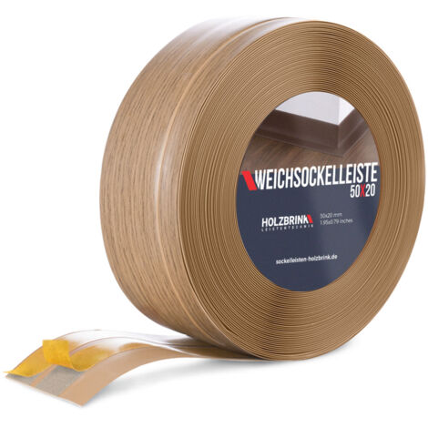 HOLZBRINK Weichsockelleiste selbstklebend PVC 50x20mm, 25 m Winkelleiste für Küchenarbeitsplatte, Bodenbelag Eckleiste selbstklebend Farbe: Eiche Hell