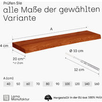 LAMO Manufaktur Wandregal Holz Baumkante Schweberegal inkl. 2 Tablarträger, Esche Dunkel 60cm, LW-01-A-004-60W
