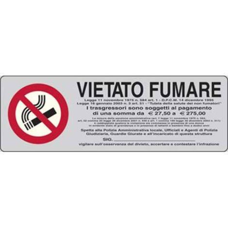 CARTELLO AUTOADESIVO 'VIETATO FUMARE CON NORMATIVA'. MM. 350X125