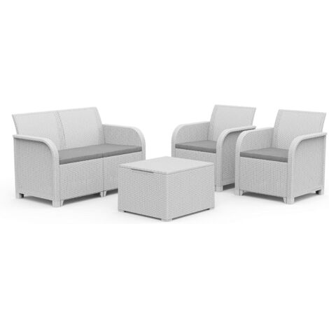 Salottino da Esterno Rosalie in Resina Effetto Rattan Colore Bianco con Divano, 2 Poltrone e Tavolino Completo di Cuscini Keter Allibert (1/5)