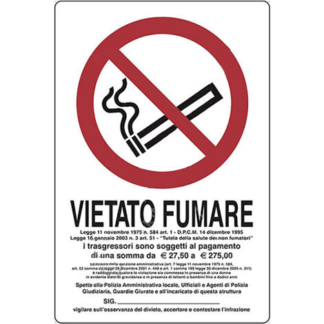 CARTELLO SEGNALETICA VIETATO FUMARE - LEGGE 11 NOVEMBRE 1975, N. 584  - EUROSIGNALS (1/2)