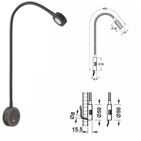 LAMPADA DA APPLICARE PER LETTO/LETTURA HAFELE LOOX 2034 NERA 12V CON MT.2 CAVO 833.74.097 (1/2)