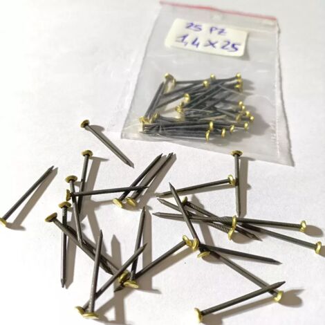 CHIODI ACCIAIO mm. 1.4X25 TESTA BOMBATA OTTONATA-CONFEZ. DA 25  -OFFERTA- (1/2)