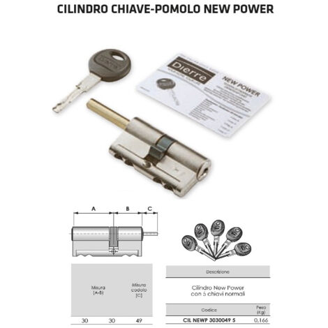 Sicurezza : DIERRE CILINDRO NEW POWER CHIAVE/POMOLO CON 5 CHIAVI MISURA  30-30 MM CON CODOLO 40 MM.