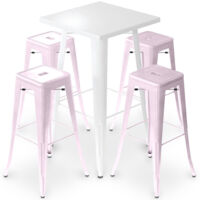 Pack Mesa de Taburete Blanca y Pack de 4 Taburetes de Bar - Diseño Industrial - Metal - Nueva Edición - Bistrot Stylix