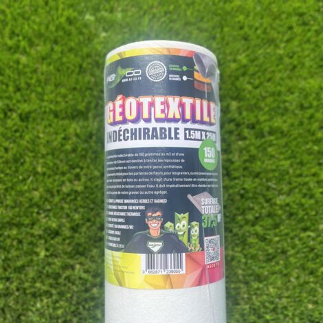 Agco – Rouleau de géotextile blanc 150g/m2 – 1.5m x 25m – Indéchirable pour gazon synthétique – Résistance à la traction 155N/50mm - 5Mx25M