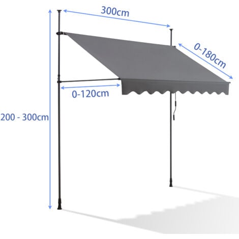 Canopée Auvent rétractable Gris 3m Store Manuel Balcon Exterieur sans Percer avec Marquise Soleil terrasse Hauteur réglable