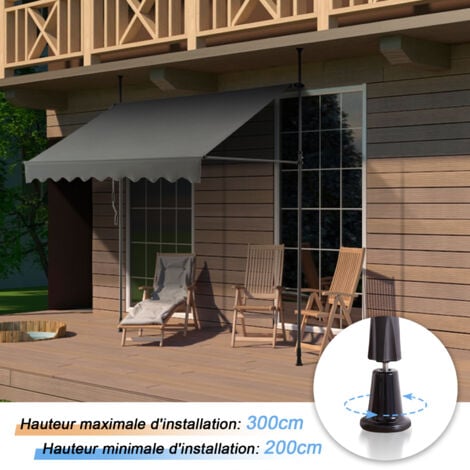 Canopée Auvent rétractable Gris 3m Store Manuel Balcon Exterieur sans Percer avec Marquise Soleil terrasse Hauteur réglable