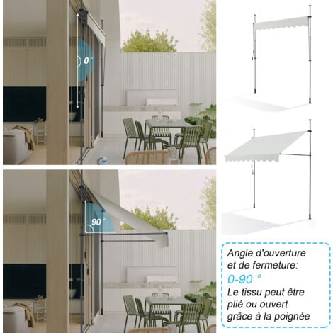 Canopée Auvent rétractable beige 3m Store Manuel Balcon Exterieur sans Percer avec Marquise Soleil terrasse Hauteur réglable