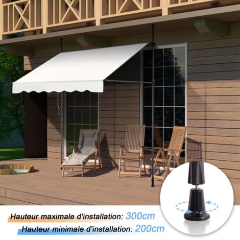 Canopée Auvent rétractable beige 3m Store Manuel Balcon Exterieur sans Percer avec Marquise Soleil terrasse Hauteur réglable